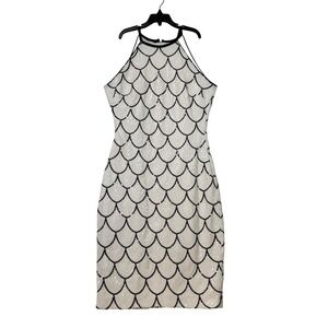 Cache Womens Dress Size 2 White Black Sequin Halter Sleeveless Cocktail Party